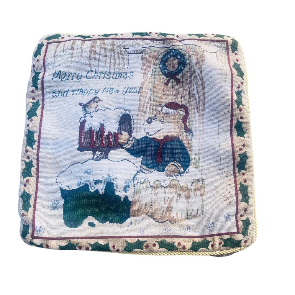 Vtg Merry Christmas & Happy New Year Tapestry Pillow Cover BEAR Double Sided